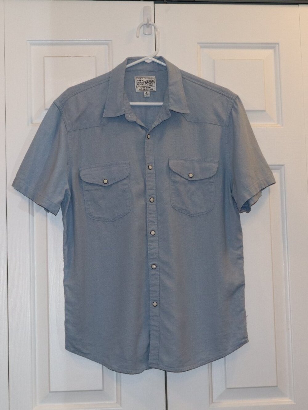 Lucky Brand Blue Linen Blend Pearl Snap Short Sleave Button Down Men's Shirt